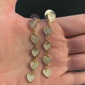 Gold and Cream Heart Drop Earrings, Costume Jewelry, Never Worn